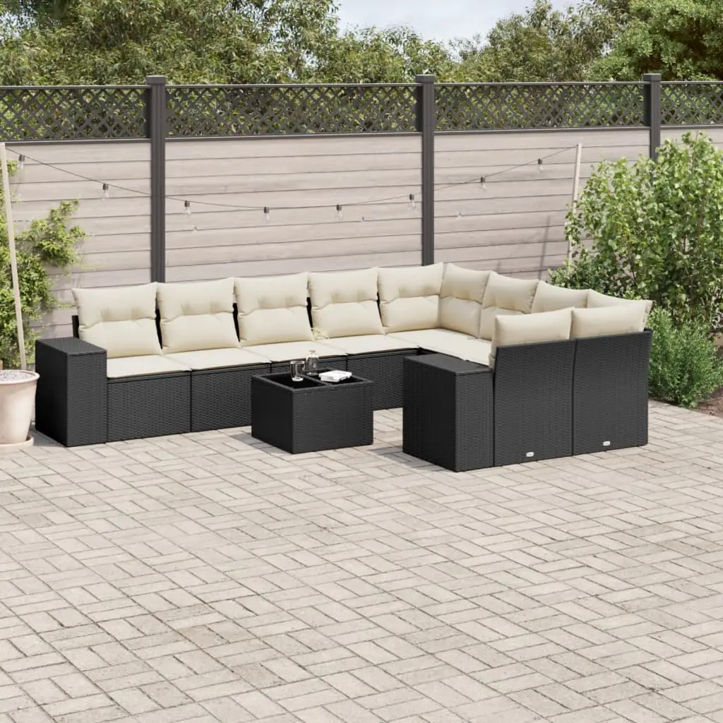 Set Divani da Giardino 10pz con Cuscini in Polyrattan Nero