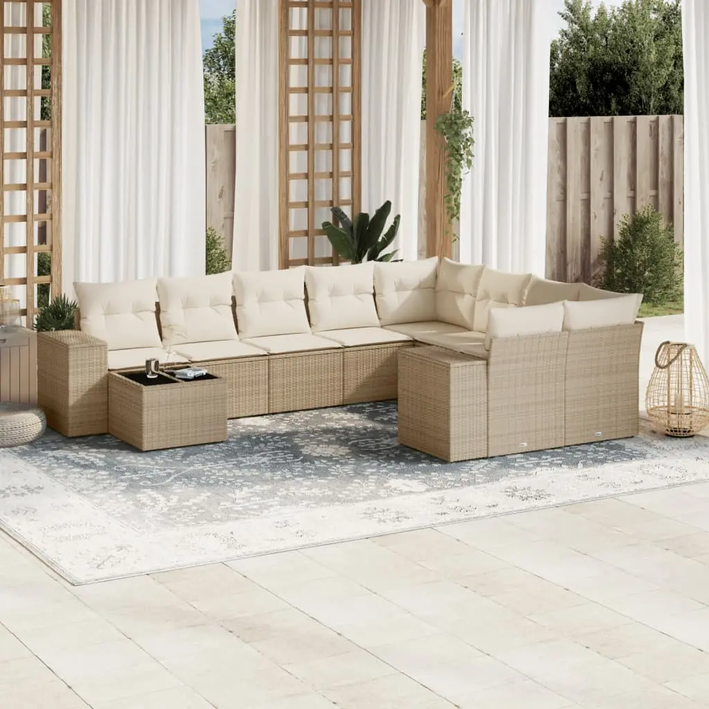 Set Divano da Giardino 10 pz con Cuscini Beige in Polyrattan