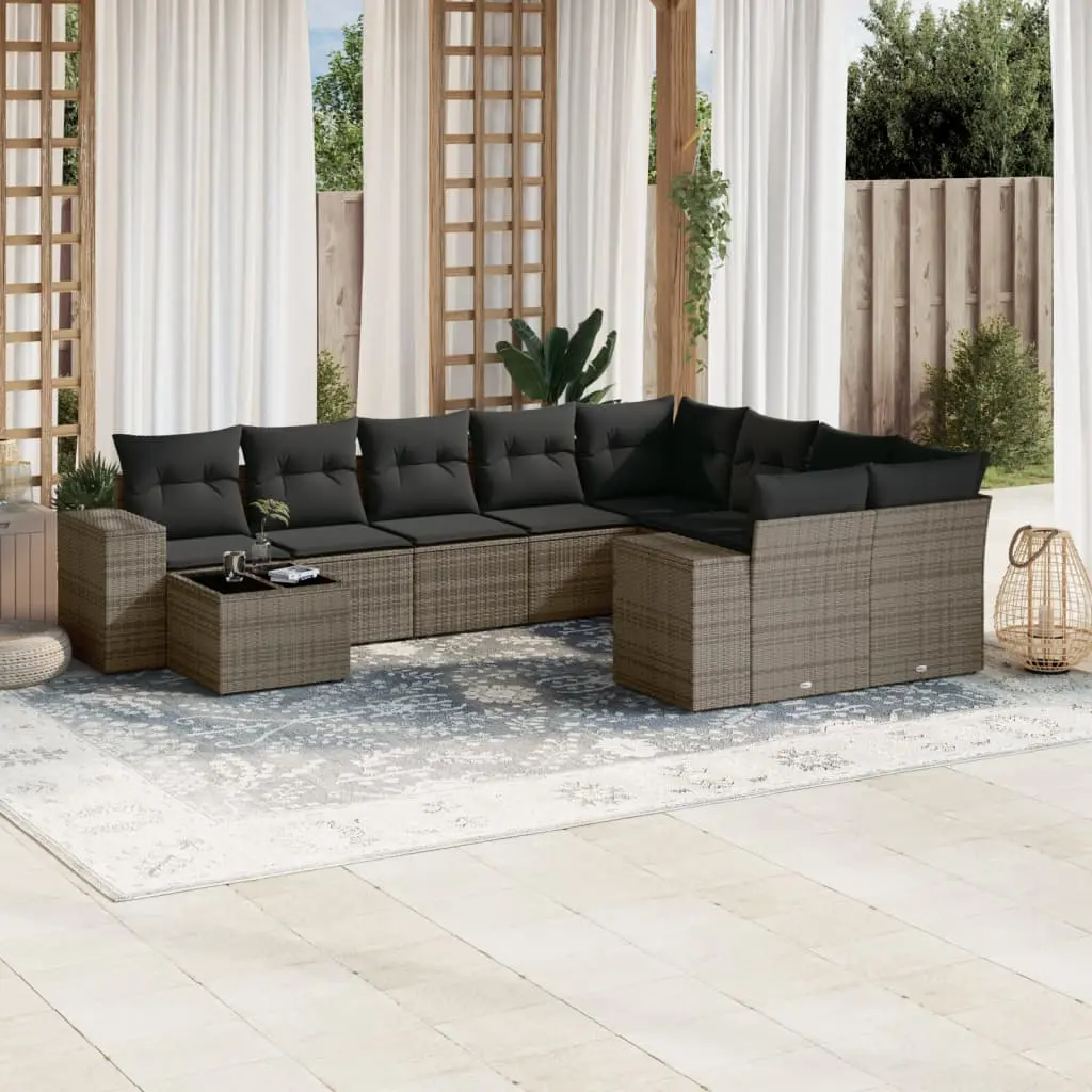 Set Divano da Giardino 10 pz con Cuscini Grigio in Polyrattan