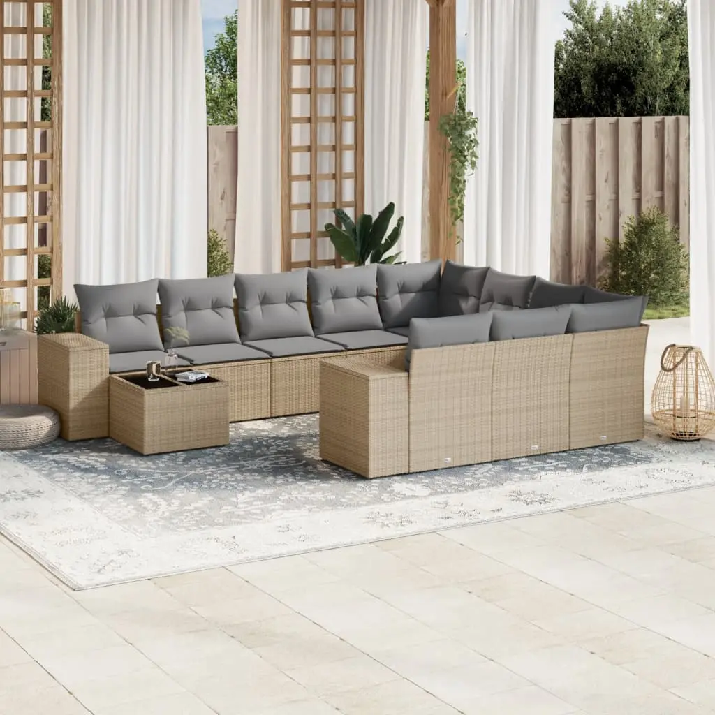 Set Divani da Giardino 11 pz con Cuscini Beige in Polyrattan