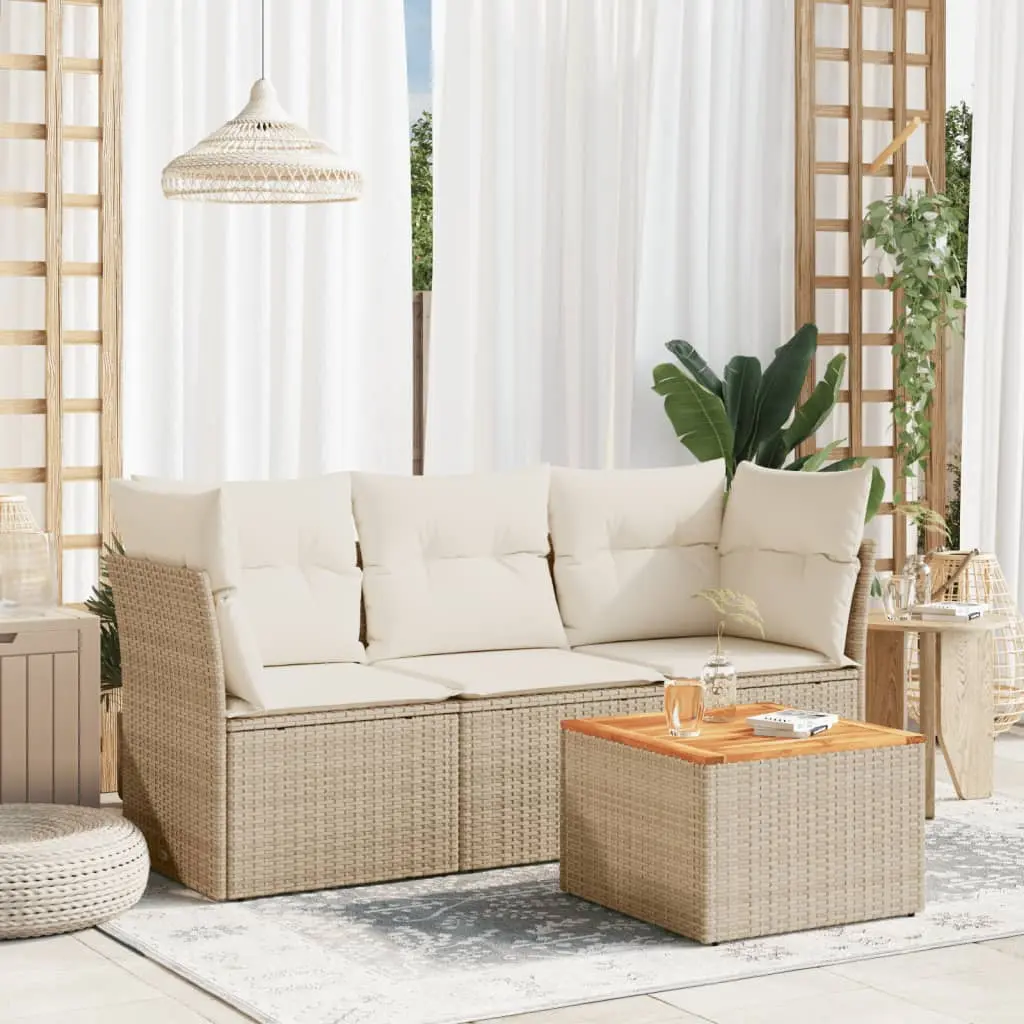 Set Divano da Giardino 4 pz con Cuscini Beige in Polyrattan