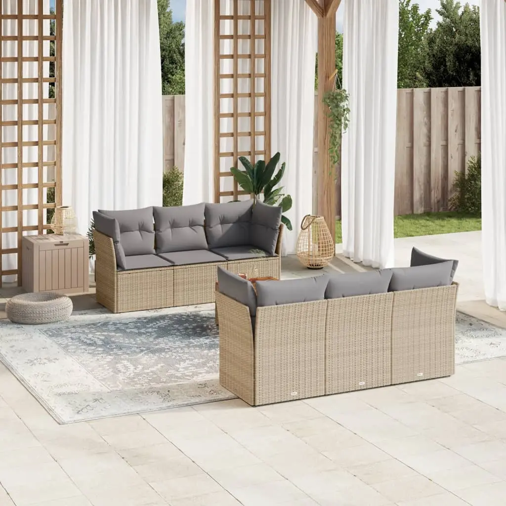 Set Divano da Giardino 7 pz con Cuscini Beige Misto Polyrattan