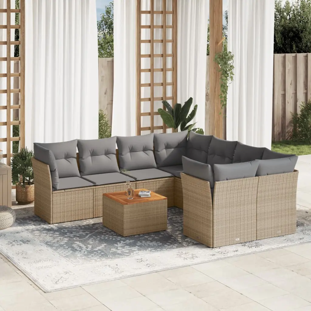 Set Divano da Giardino 9 pz con Cuscini Beige Misto Polyrattan