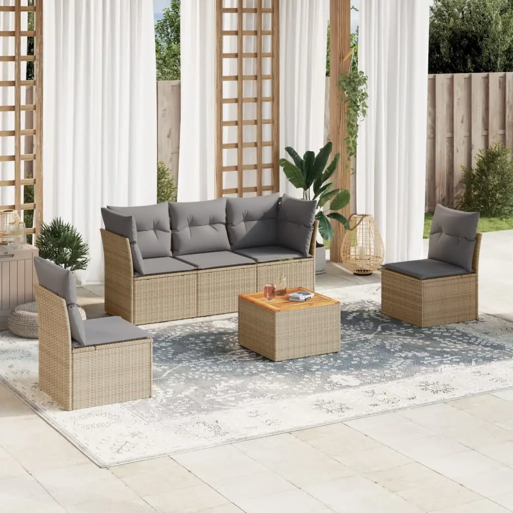 Set Divano da Giardino 6 pz con Cuscini Beige Misto Polyrattan