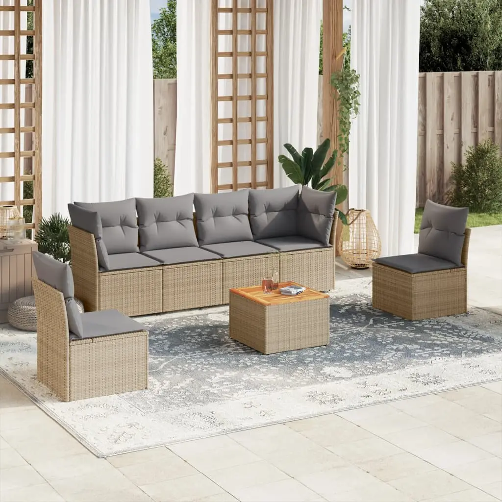 Set Divano da Giardino 7 pz con Cuscini Beige Misto Polyrattan