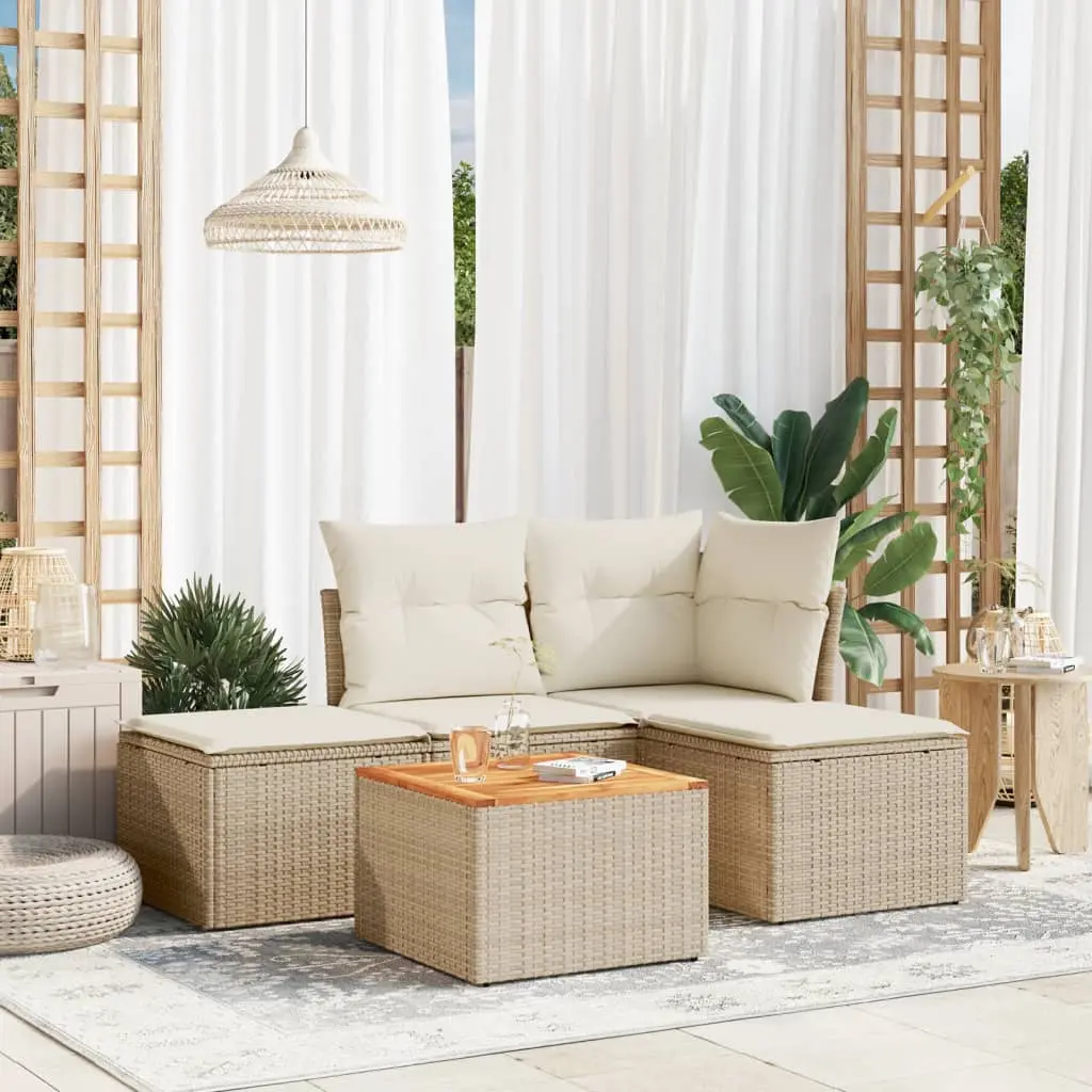 Set Divano da Giardino 5 pz con Cuscini Beige in Polyrattan