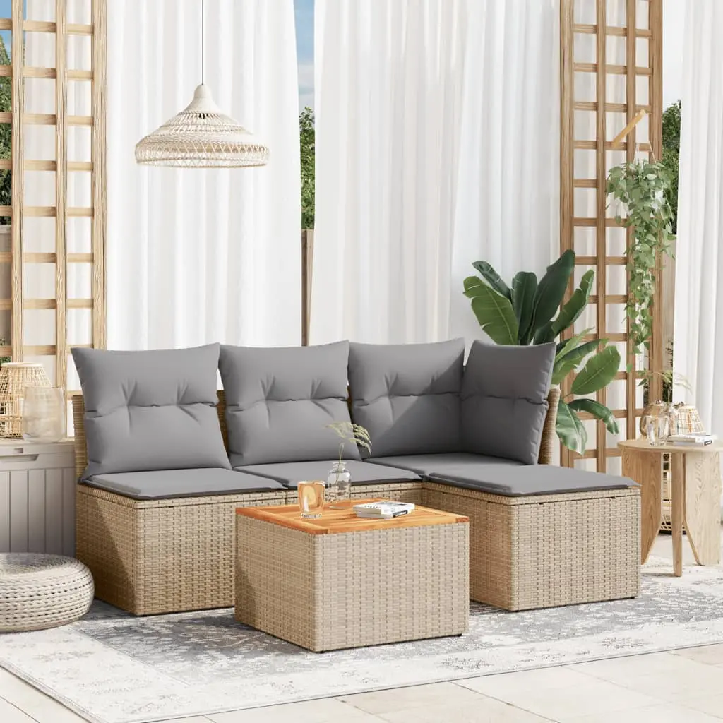 Set Divano da Giardino 5 pz con Cuscini Beige Misto Polyrattan