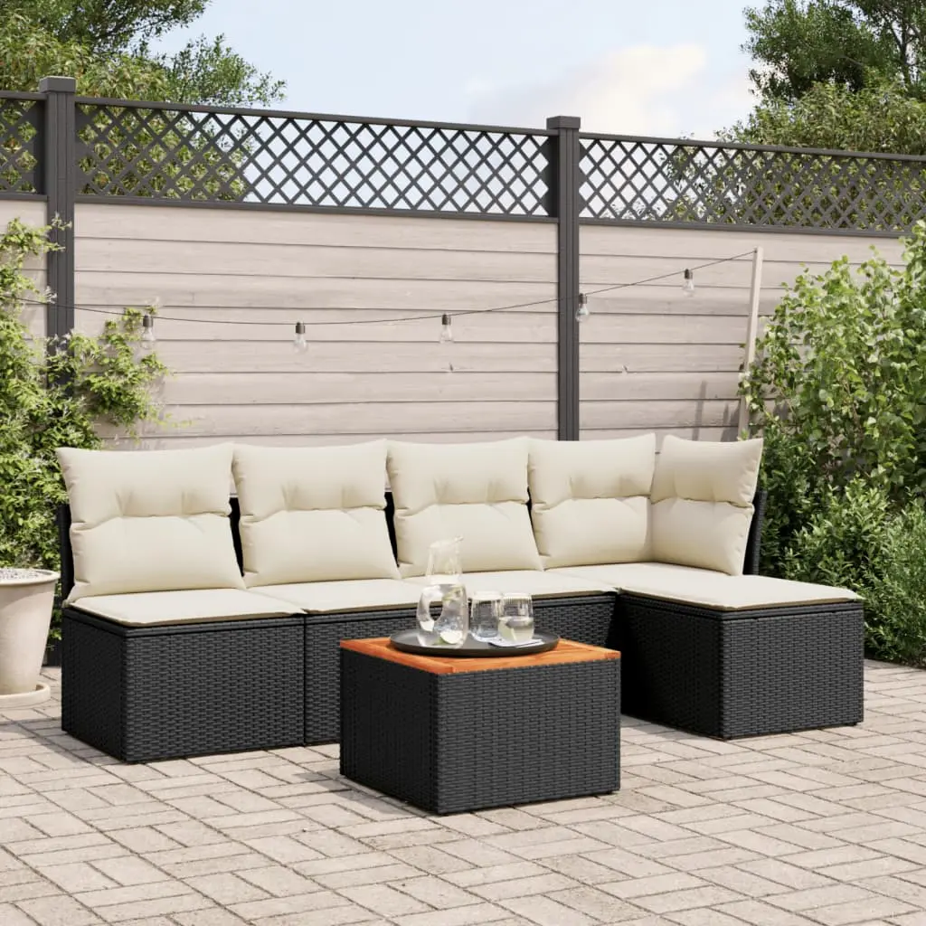 Set Divano da Giardino 6 pz con Cuscini Nero in Polyrattan