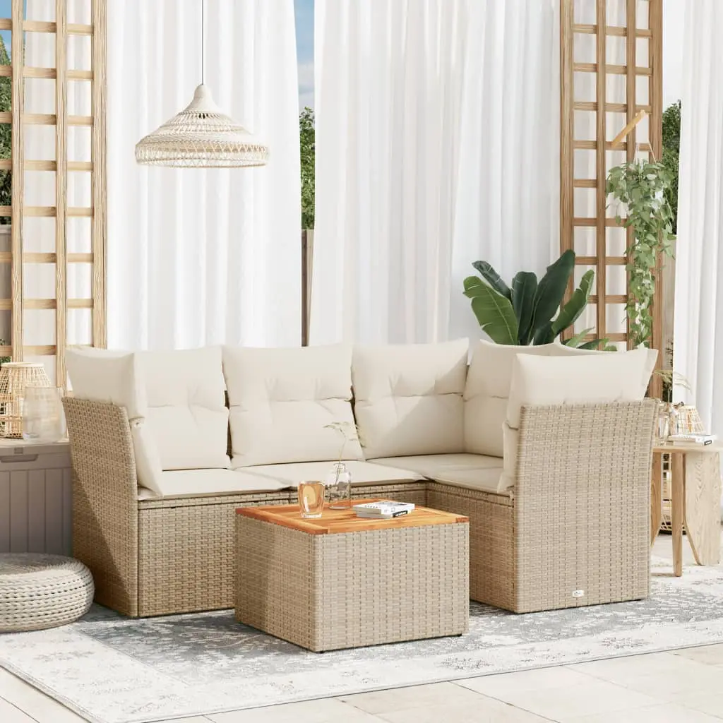 Set Divano da Giardino 5 pz con Cuscini Beige in Polyrattan