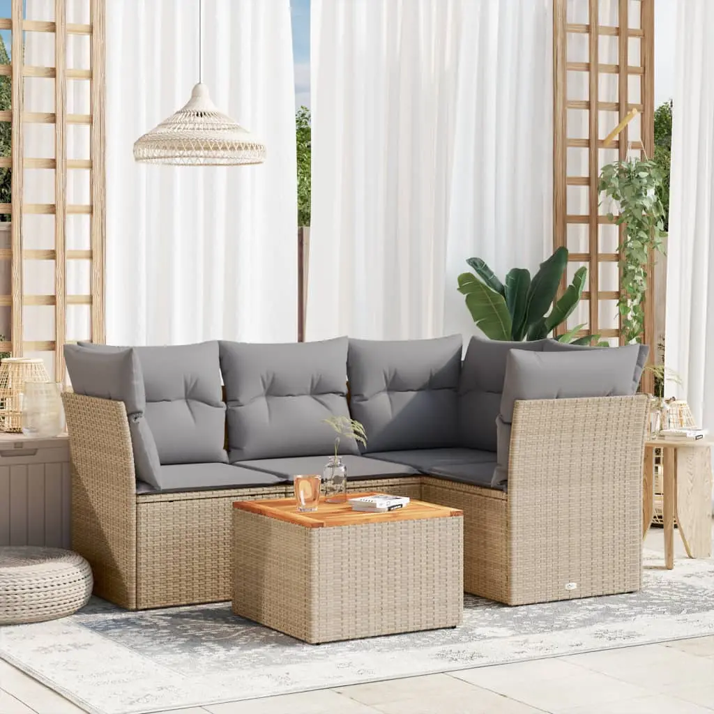 Set Divano da Giardino 5 pz con Cuscini Beige Misto Polyrattan