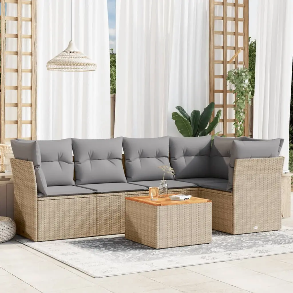 Set Divano da Giardino 6 pz con Cuscini Beige Misto Polyrattan