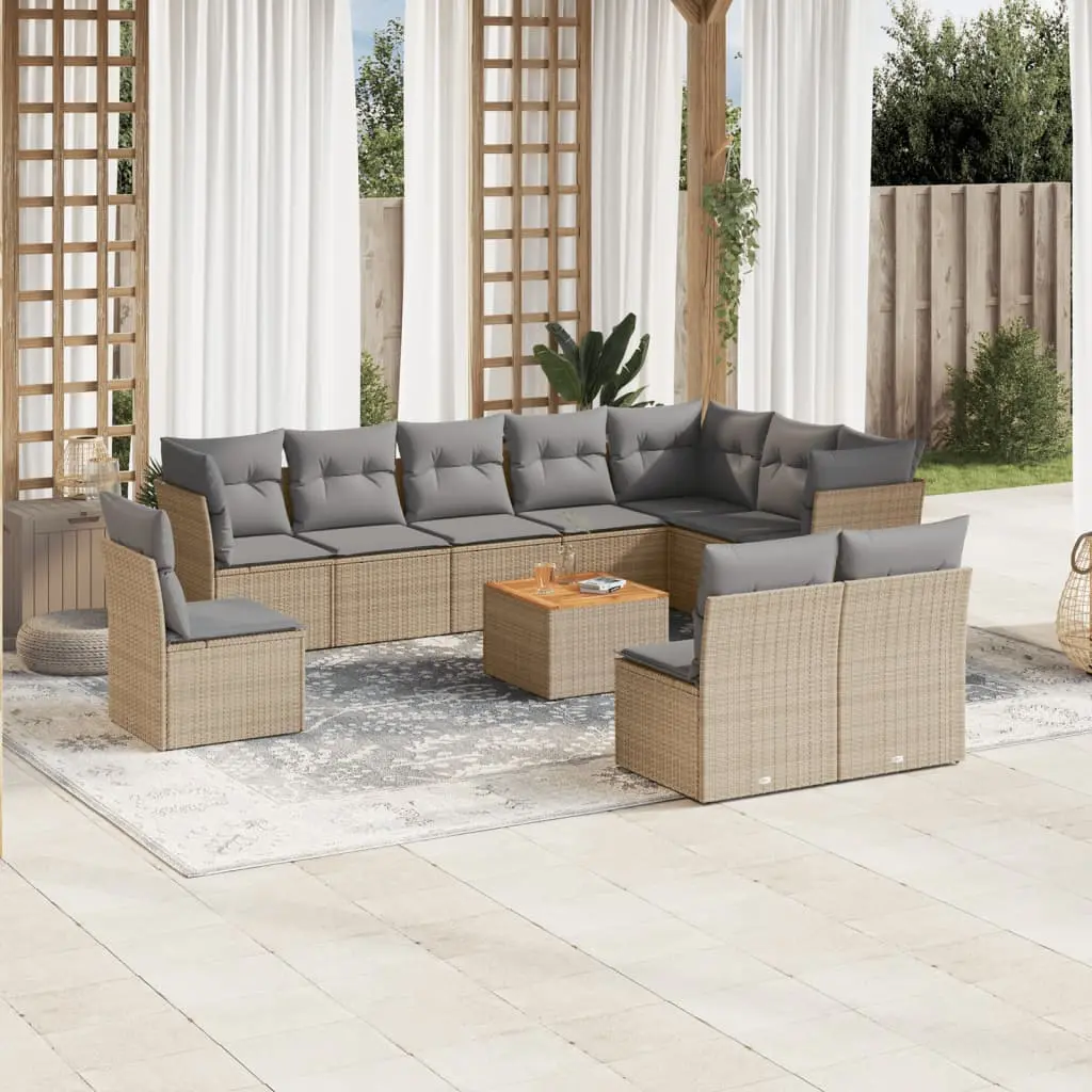 Set Divano da Giardino 11 pz con Cuscini Beige Misto Polyrattan