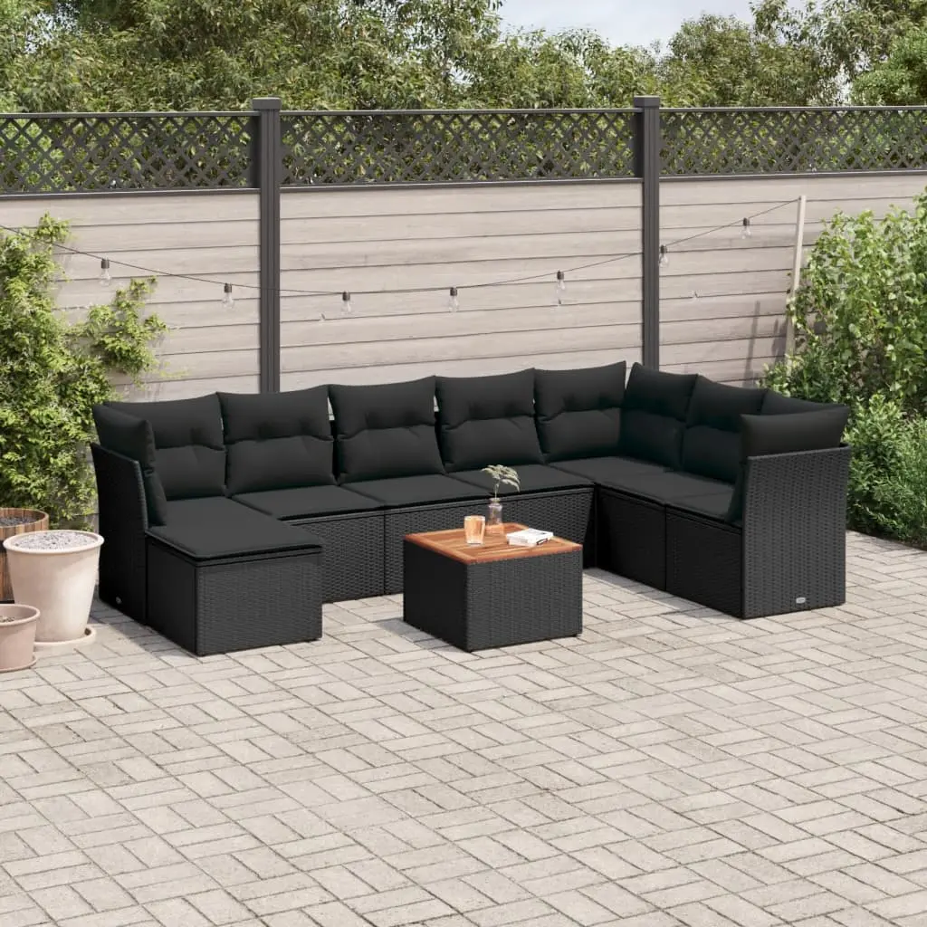 Set Divani da Giardino 9 pz con Cuscini Nero in Polyrattan