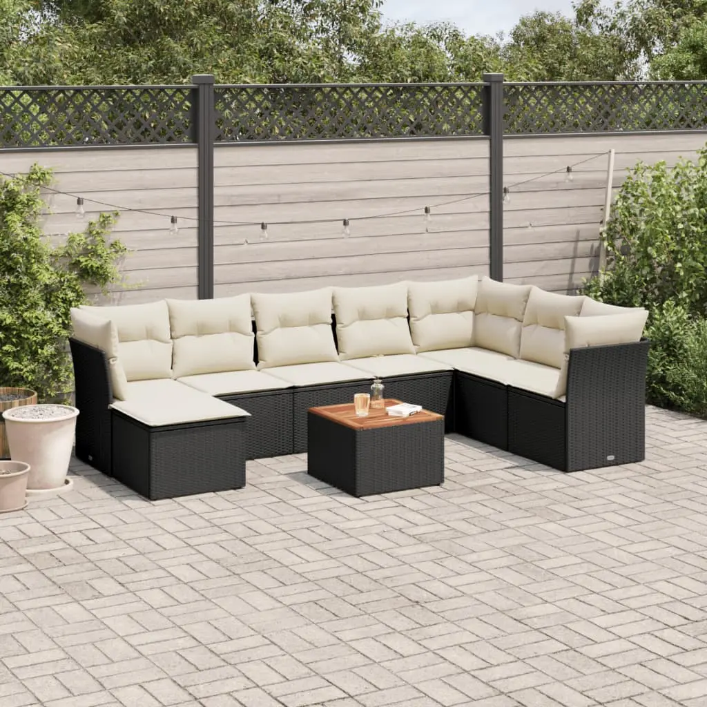 Set Divani da Giardino 9 pz con Cuscini Nero in Polyrattan