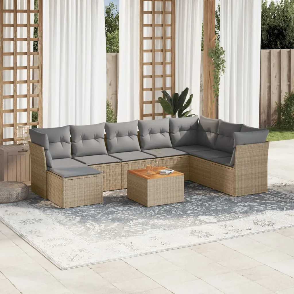 Set Divano da Giardino 9 pz con Cuscini Beige Misto Polyrattan