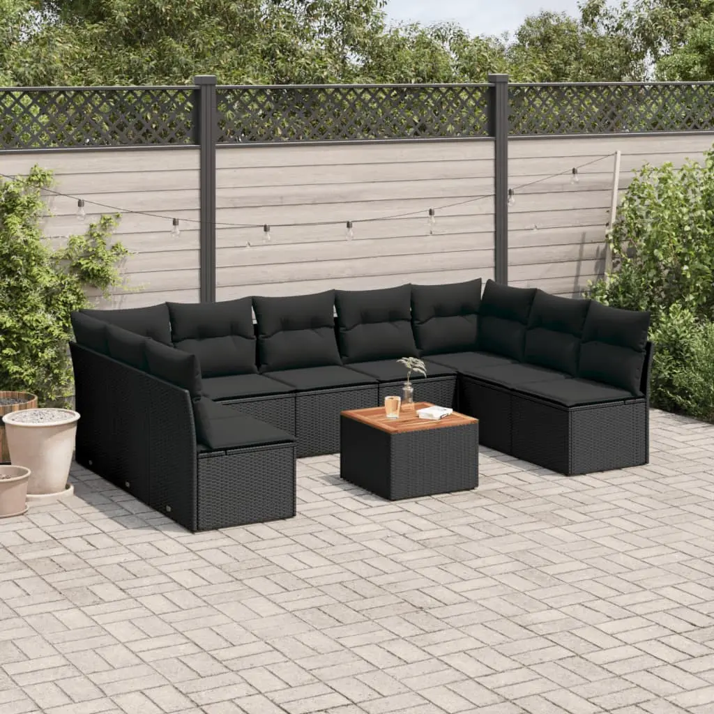 Set Divani da Giardino 10pz con Cuscini in Polyrattan Nero