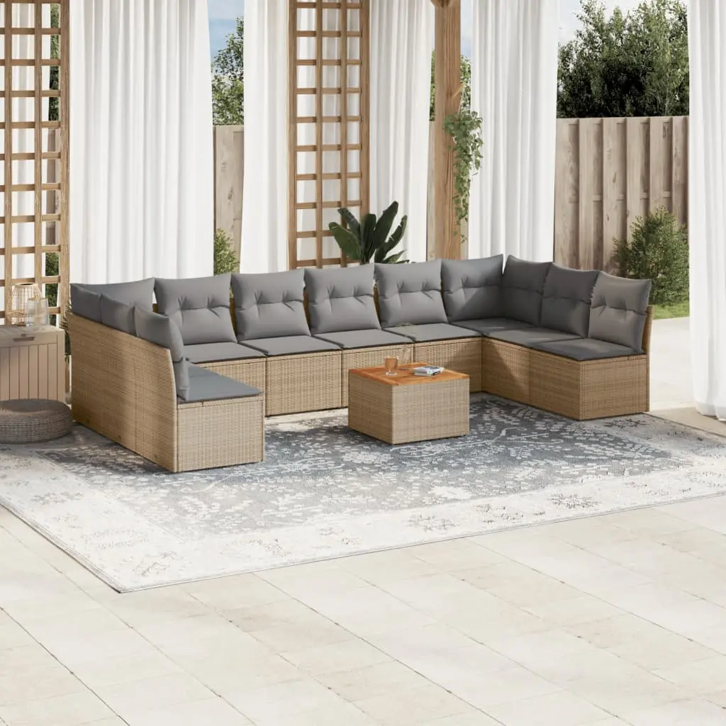 Set Divano da Giardino 11 pz con Cuscini Beige Misto Polyrattan