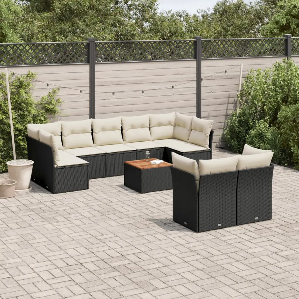 Set Divani da Giardino 10pz con Cuscini in Polyrattan Nero