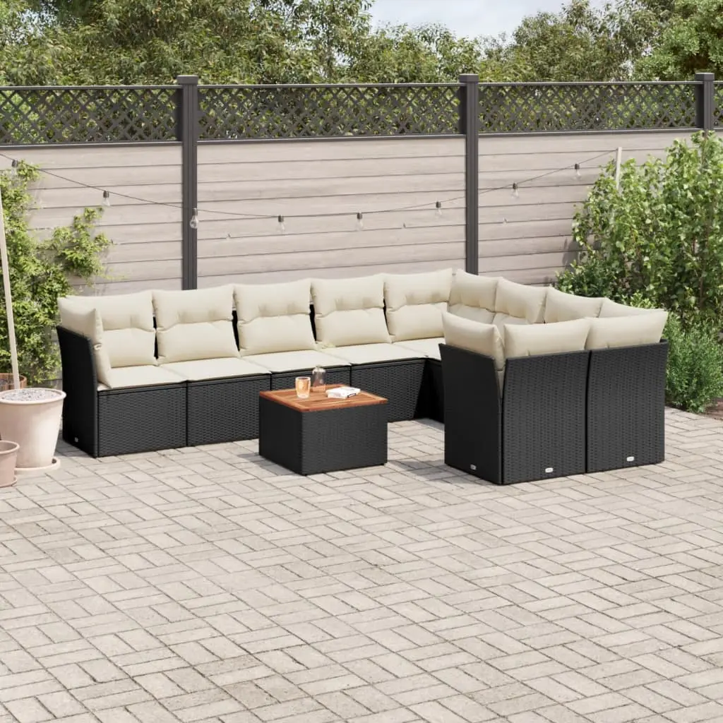 Set Divani da Giardino 10pz con Cuscini in Polyrattan Nero