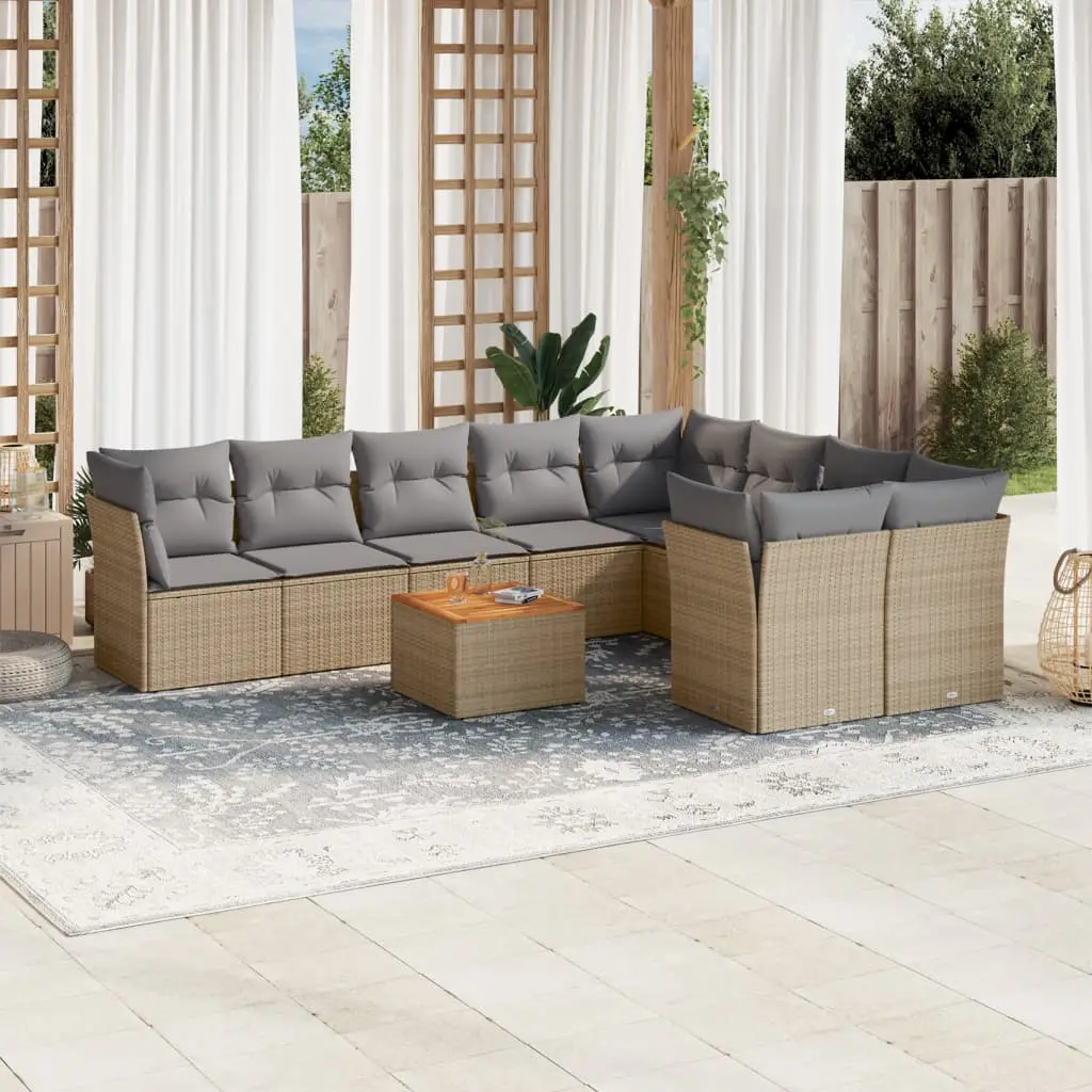 Set Divano da Giardino 10 pz con Cuscini Beige Misto Polyrattan