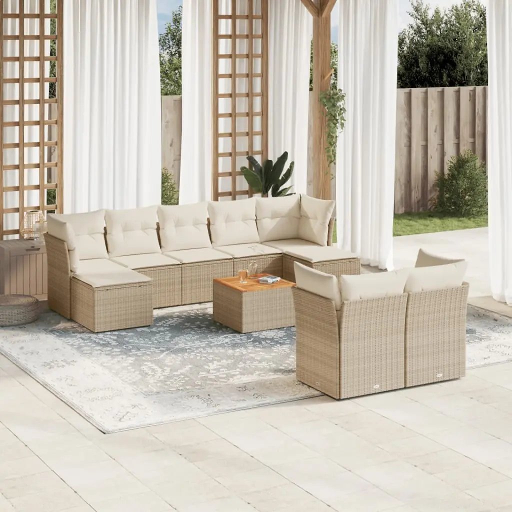 Set Divano da Giardino 10 pz con Cuscini Beige in Polyrattan