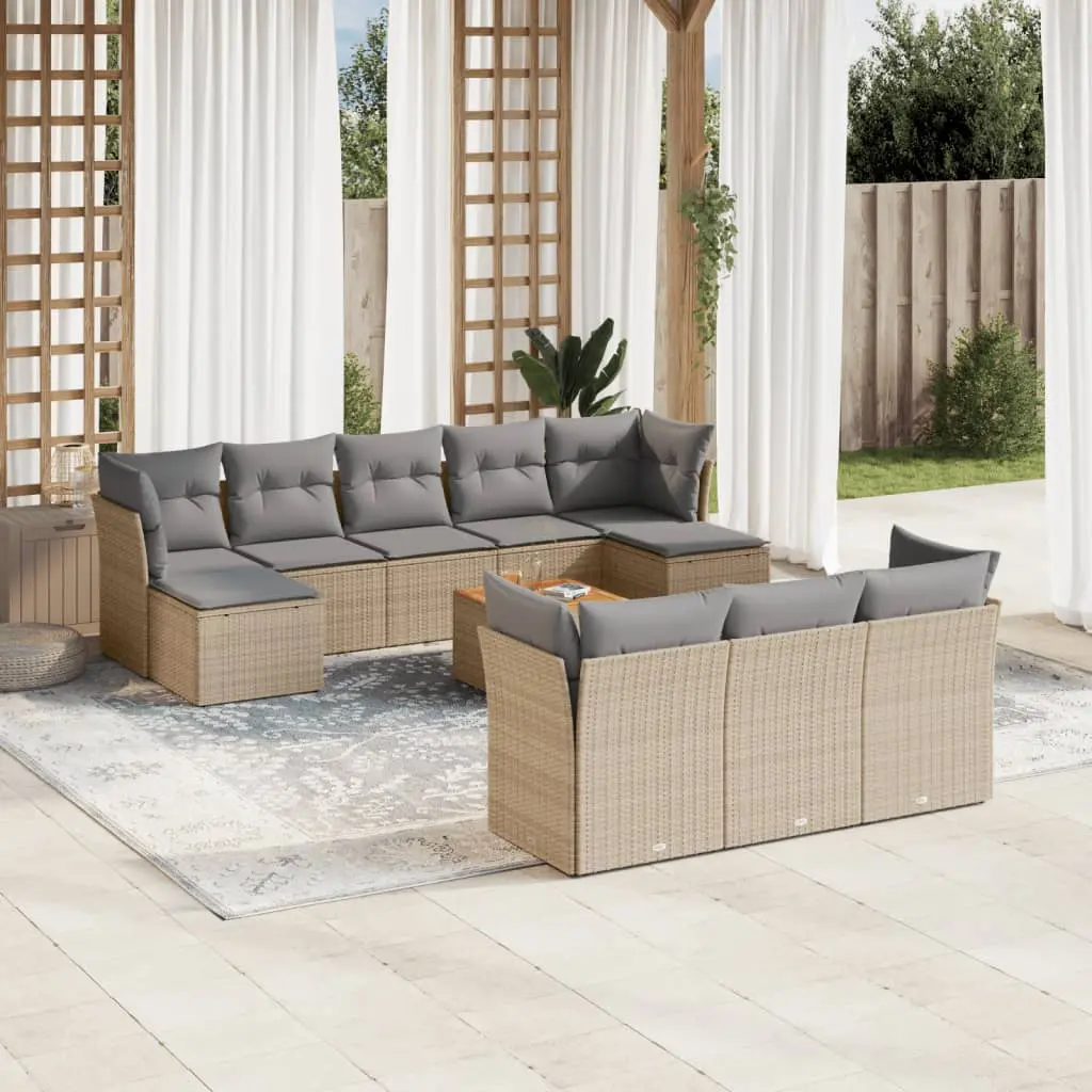 Set Divano da Giardino 11 pz con Cuscini Beige Misto Polyrattan