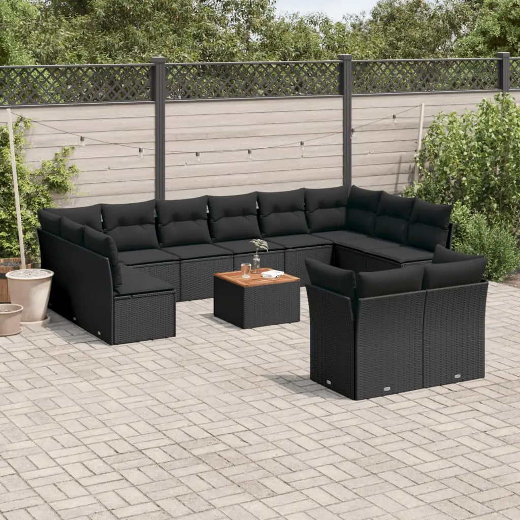 Set Divani da Giardino 13pz con Cuscini Nero in Polyrattan