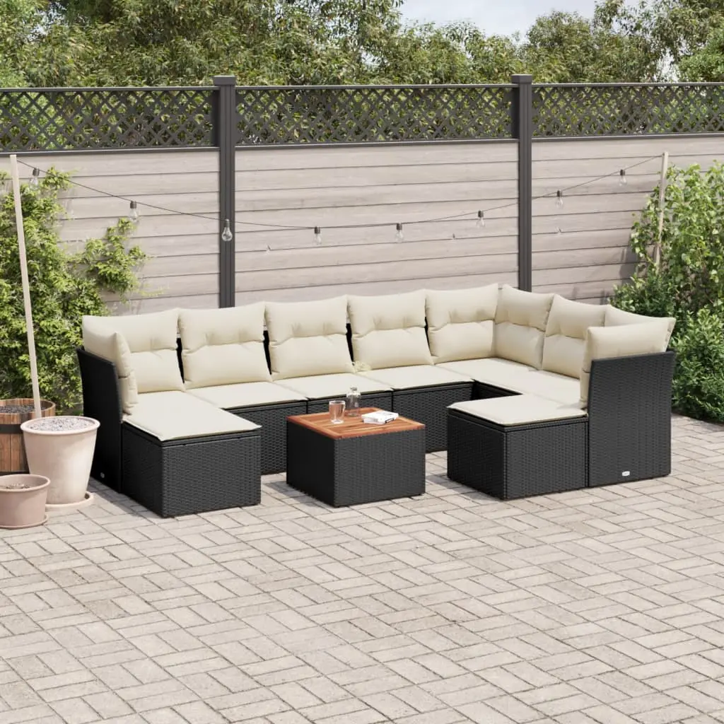 Set Divani da Giardino 10pz con Cuscini in Polyrattan Nero