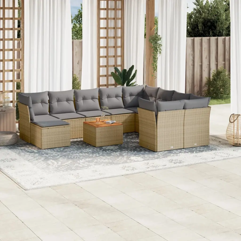 Set Divano da Giardino 11 pz con Cuscini Beige Misto Polyrattan