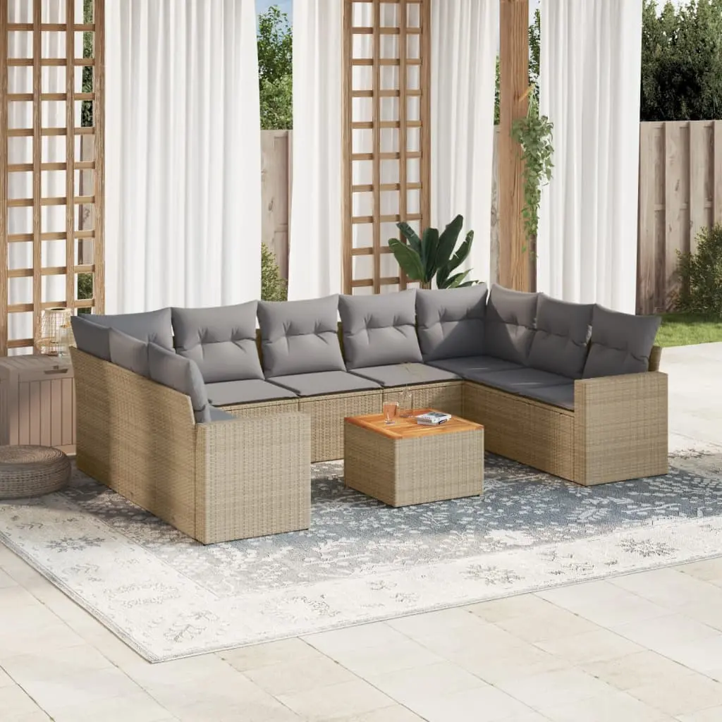 Set Divano da Giardino 10 pz con Cuscini Beige Misto Polyrattan