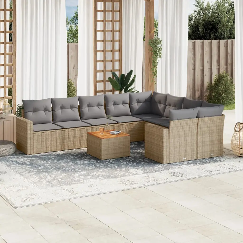 Set Divano da Giardino 10 pz con Cuscini Beige Misto Polyrattan