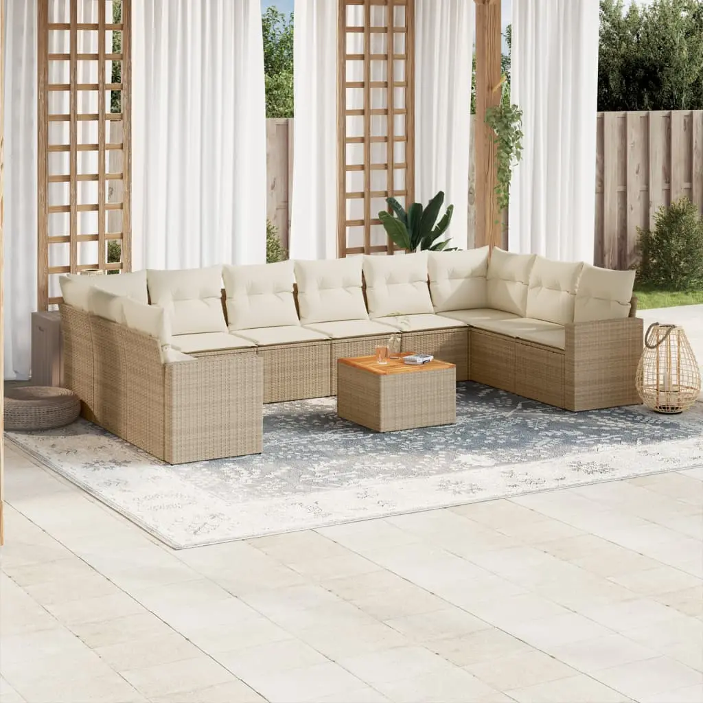 Set Divani da Giardino 11 pz con Cuscini Beige in Polyrattan