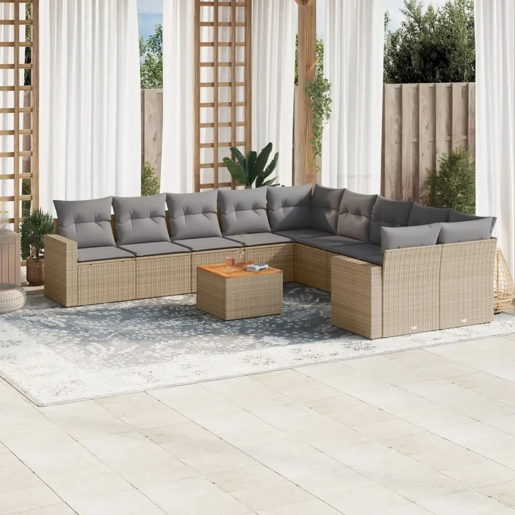 Set Divano da Giardino 11 pz con Cuscini Beige Misto Polyrattan