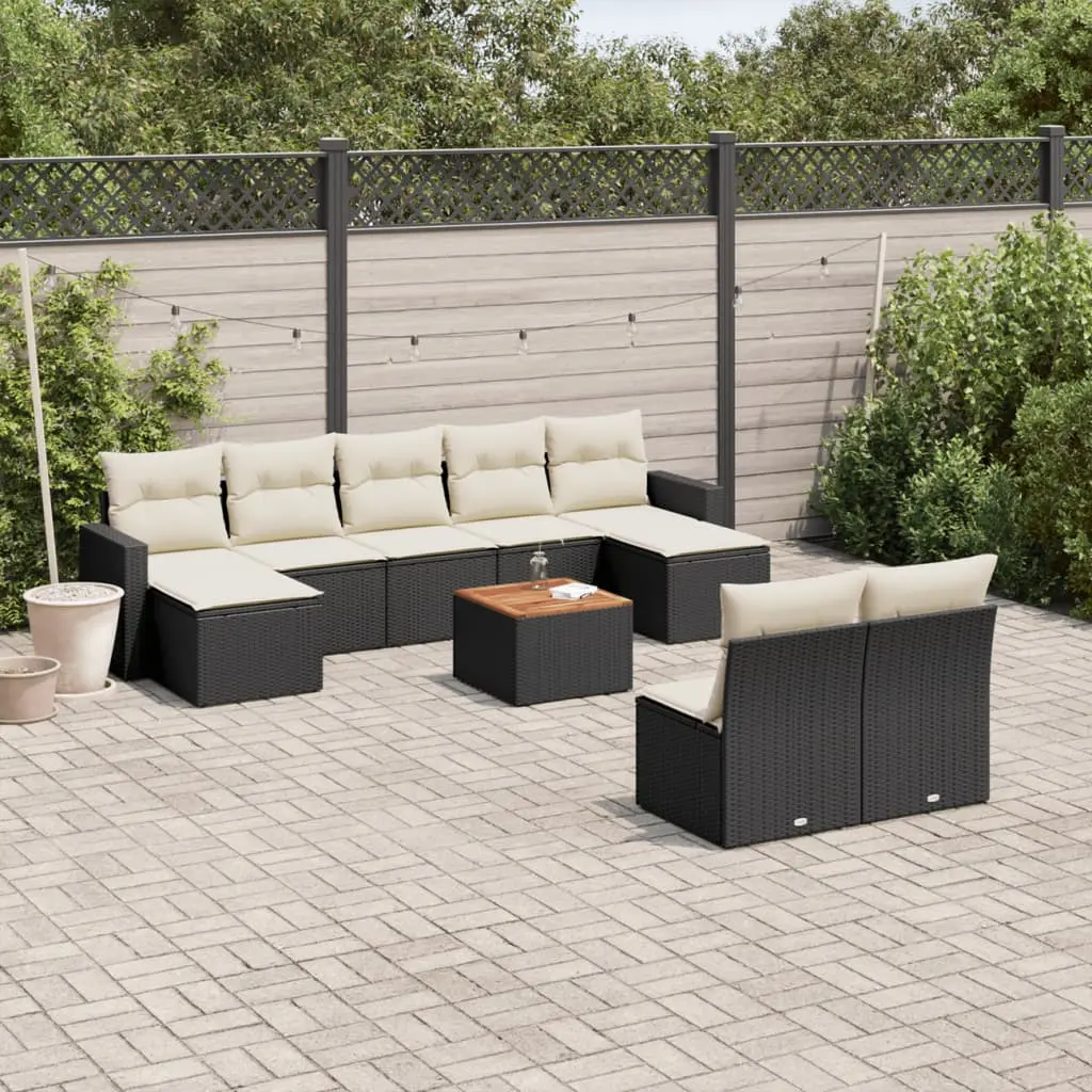 Set Divani da Giardino 10pz con Cuscini in Polyrattan Nero