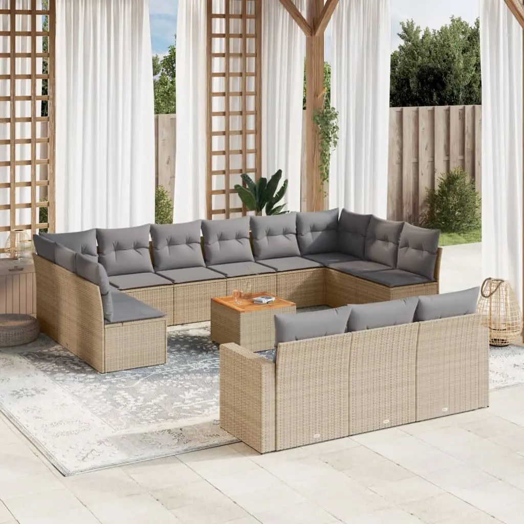 Set Divano da Giardino 14 pz con Cuscini Beige Misto Polyrattan