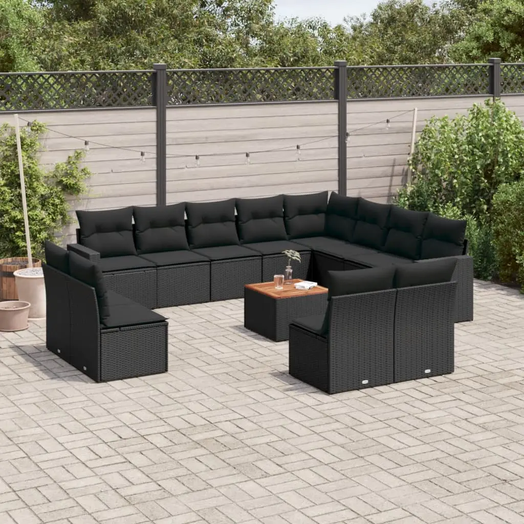 Set Divani da Giardino 13pz con Cuscini Nero in Polyrattan