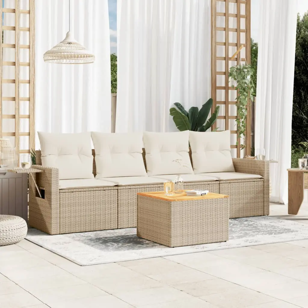 Set Divano da Giardino 5 pz con Cuscini Beige in Polyrattan