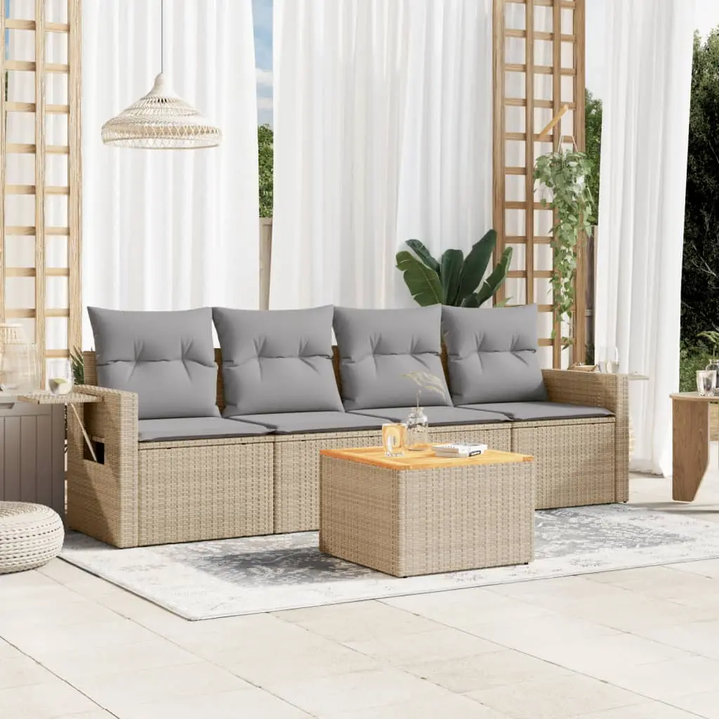 Set Divano da Giardino 5 pz con Cuscini Beige Misto Polyrattan