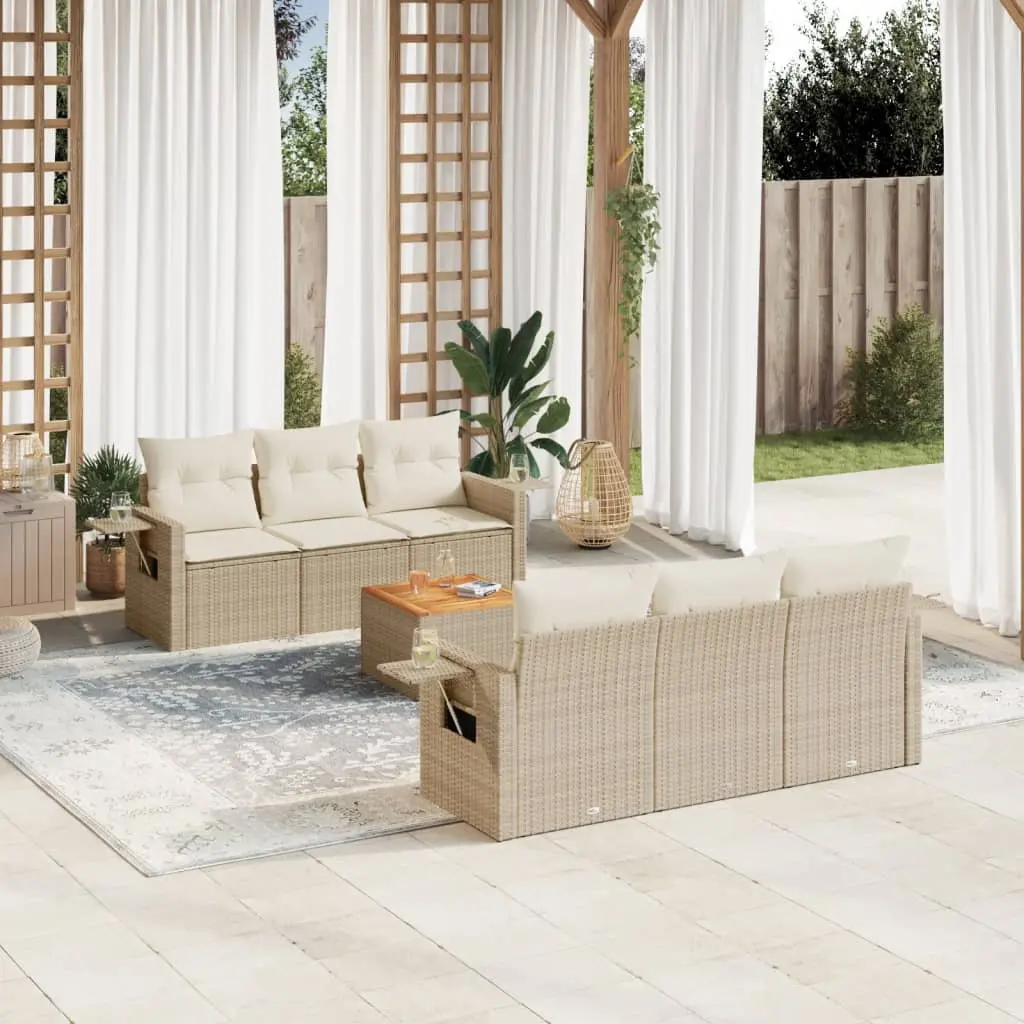 Set Divani da Giardino 7 pz con Cuscini Beige in Polyrattan