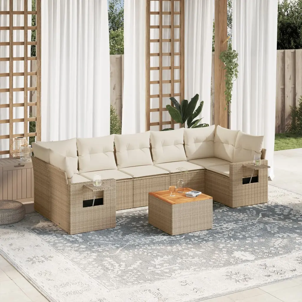 Set Divano da Giardino 8 pz con Cuscini Beige in Polyrattan