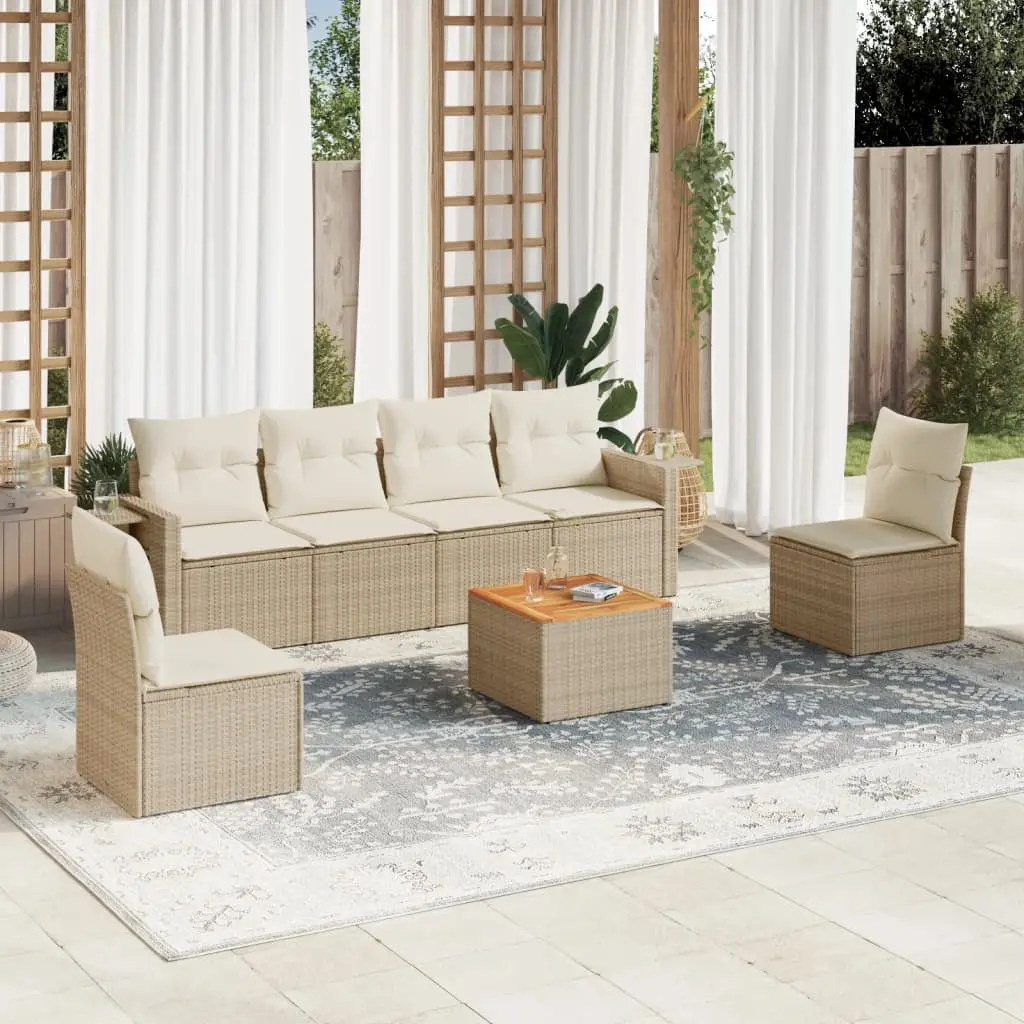 Set Divani da Giardino 7 pz con Cuscini Beige in Polyrattan