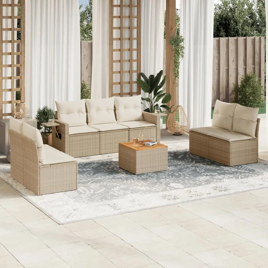 Set Divano da Giardino 8 pz con Cuscini Beige in Polyrattan