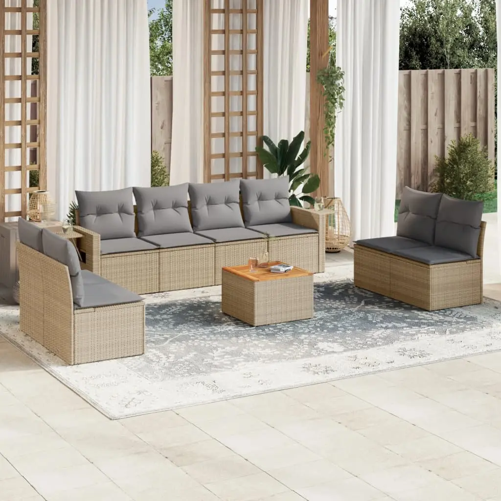 Set Divano da Giardino 9 pz con Cuscini Beige Misto Polyrattan