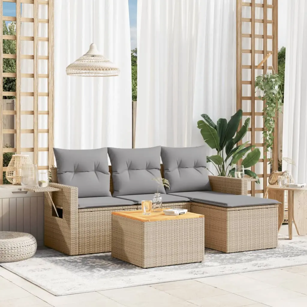 Set Divano da Giardino 5 pz con Cuscini Beige Misto Polyrattan