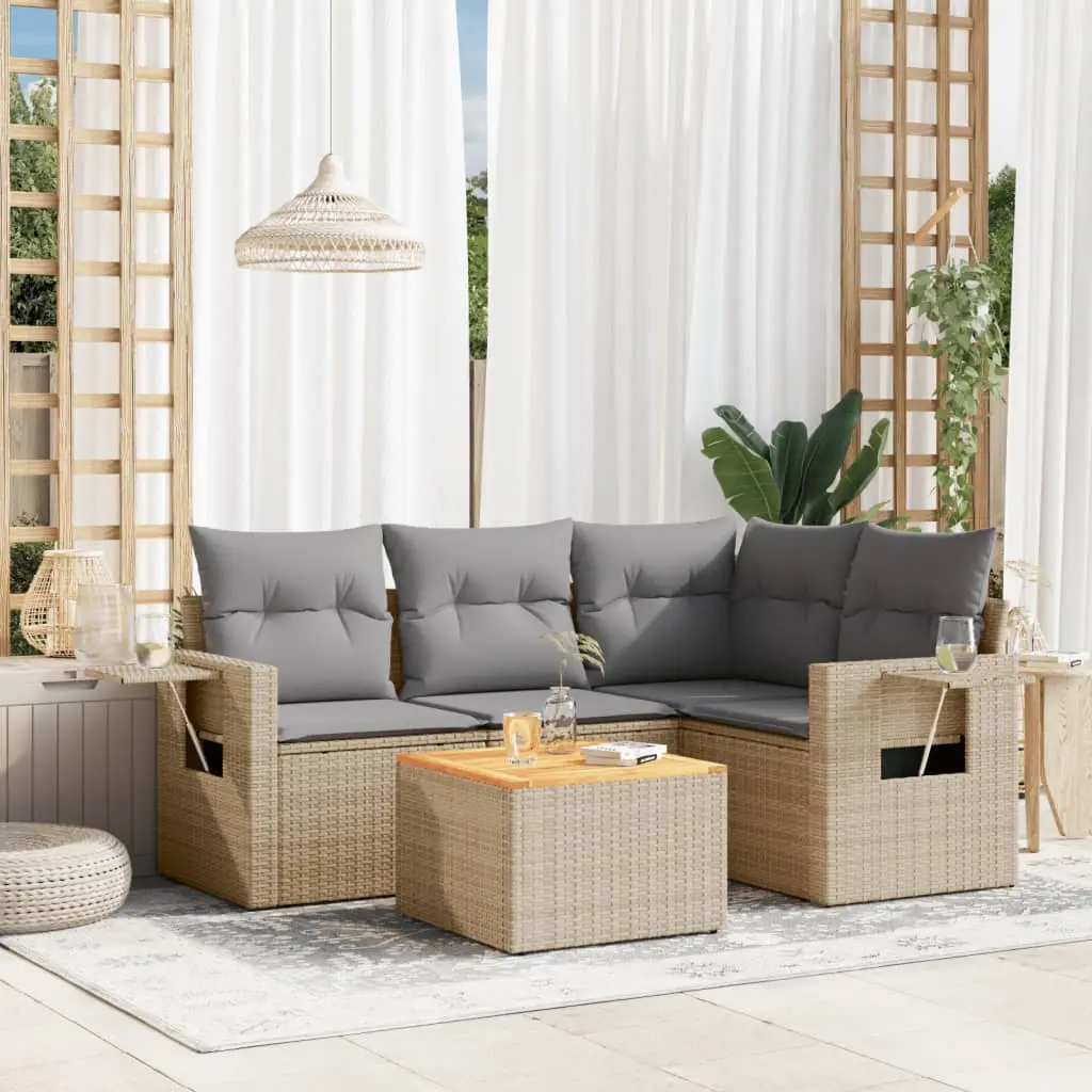 Set Divano da Giardino 5 pz con Cuscini Beige Misto Polyrattan