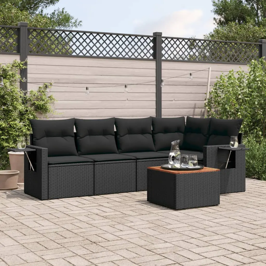 Set Divano da Giardino 6 pz con Cuscini Nero in Polyrattan