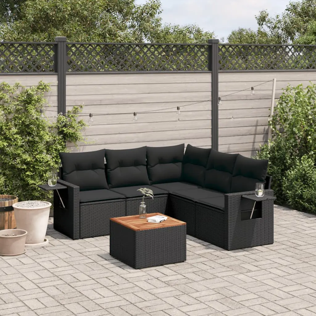 Set Divano da Giardino 6 pz con Cuscini Nero in Polyrattan