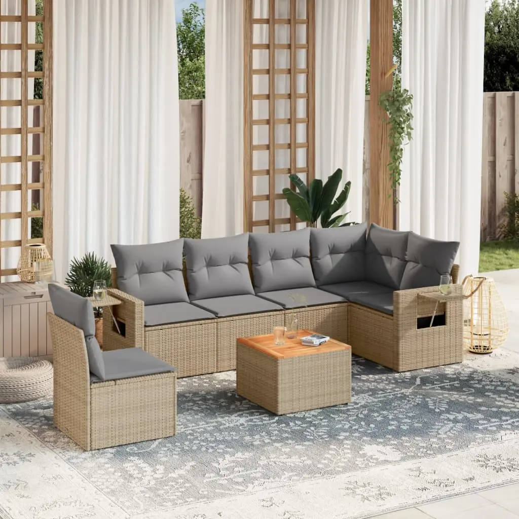 Set Divano da Giardino 7 pz con Cuscini Beige Misto Polyrattan