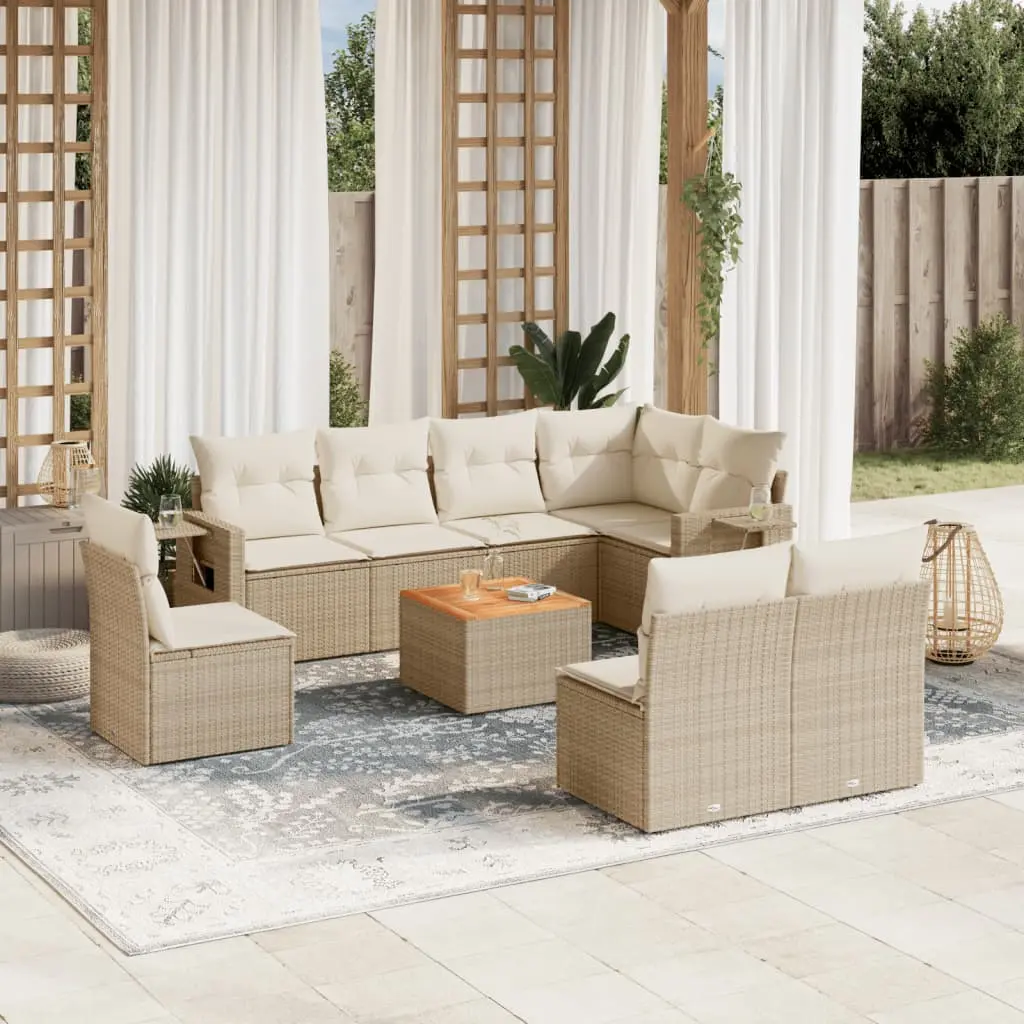 Set Divano da Giardino 9 pz con Cuscini Beige in Polyrattan