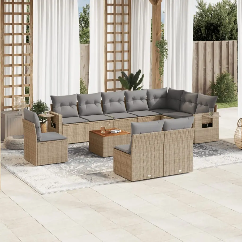 Set Divano da Giardino 11 pz con Cuscini Beige Misto Polyrattan